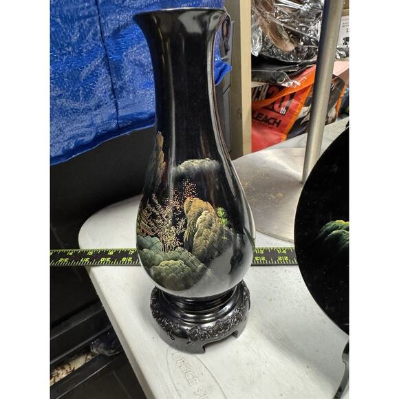 Vintage Fujian Lacquer Ware Asian Hand Painted Set 2 Vases 1 Plate In Box Papers - Picture 2 of 16